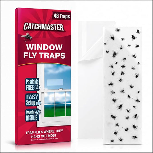 Catchmaster Window Fly Traps 48-Pack, Fruit Fly Traps for Indoors, Disposable Bulk Bug Catcher, Waterproof Insect Glue Trap, Adhesive Strips, Pest Control for Home, Kitchen, & Garage