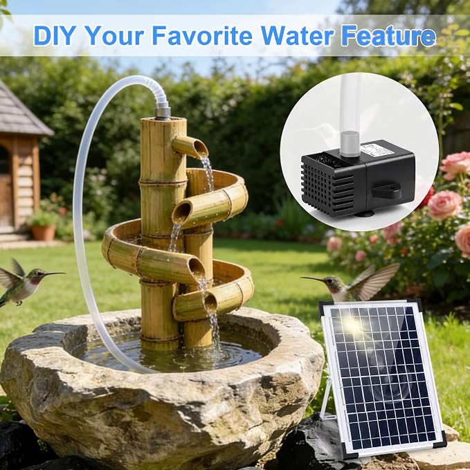12W Solar Fountain Pump for Water Feature Outdoor DIY, Solar Water Fountain 132 GPH with 9.84FT Power Cable, 6 Spray Nozzles, 3.28FT DIY Tubing for Garden, Pond, Bird Bath