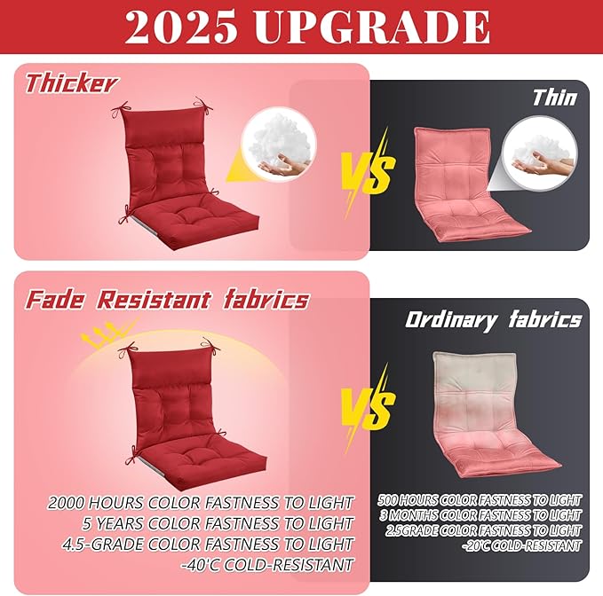 Sintuff 2 Pcs 44 x 21 x 4 Patio Chair Cushions Outdoor Chair Cushion Seat/Back Tufted Pillow with Ties Water Resistant Replacement Indoor Patio Furniture Outdoor Furniture (Solid Color,Ruby Red)