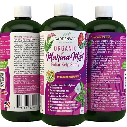 GARDENWISE Marina Mist: Organic Aroid Plant Food & Foliar Kelp Spray - Nourish & Enhance Peace Lily, ZZ Plant, Elephant Ear, Monstera, Aglaonema, Philodendron, Pothos, Colocasias - Easy to Use (16 oz)