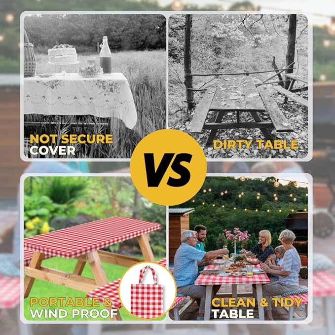 RNOONY Vinyl Fitted Picnic Table Cover with Bench Covers and Bag,8ft Outdoor Waterproof Picnic Tablecloth with Elastic Edges, 96x30 Inches 3 Pcs Set (Red Checkered)