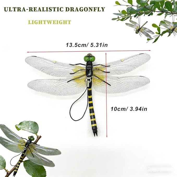 Dragon Fly Clips,4PCS Lifelike Fake Dragonflies Outdoor Hanging Ornament & Garden Decor,Clip to Hat Backpack Tent Outdoor Gear for Hiking Gardening Camping,Durable PVC Hanging Use
