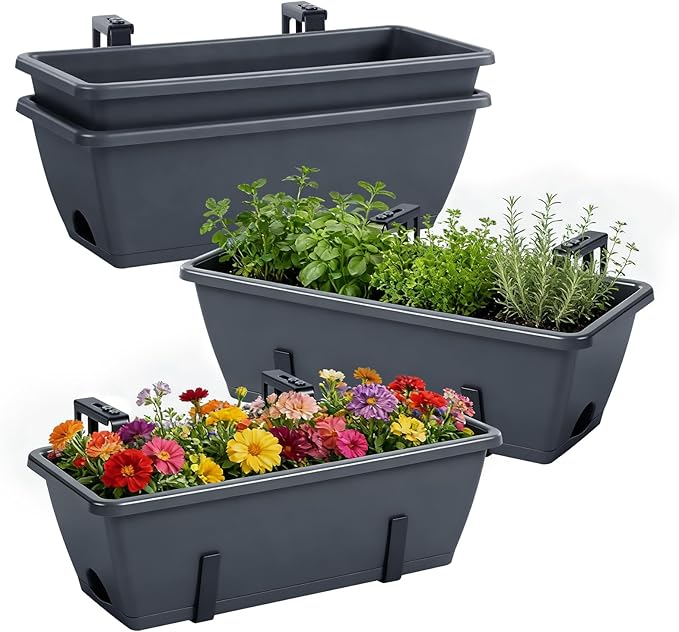 OYEAL Deck Railing Planter Box 4 Pack Window Boxes Planters with Adjustable Brackets, 17 Inch Hanging Flower Pots for Plants for Front Porch, Garden Fence, Apartment Patio Balcony Decor, Grey