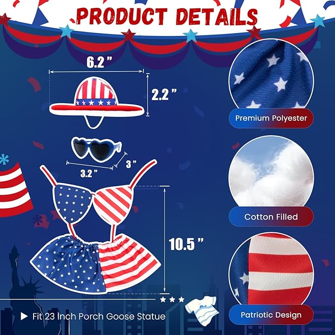 Patriotic Porch Goose Outfits for 23 Inch Lawn Statue, 4th of July Hawaiian Bikini Costume for Plastic/Cement Statue, Summer Sculpture Clothes for Garden Patio USA 250th Anniversary Decoration