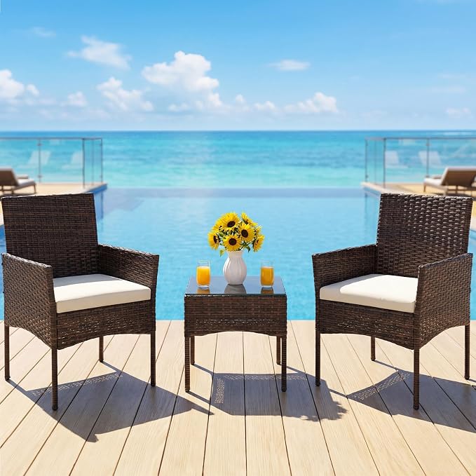 DUMOS 3-Piece Patio Furniture Set, All-Weather Outdoor Wicker Chairs with Removable Cushions & Tempered Glass Table, Small Bistro Set for Porch, Balcony, Lawn, Backyard, Brown