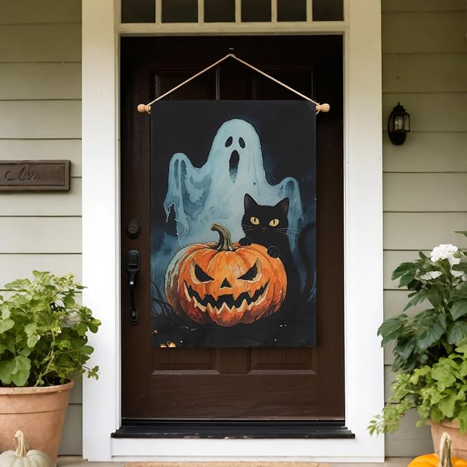 Scary Ghost Pumpkin Halloween House Flag 28x40 Inch Black Cat Halloween Theme Holiday Decorative Garden Flags for Outside Double Sided Outdoor Home Farmhouse Decoration Yard Porch Decor