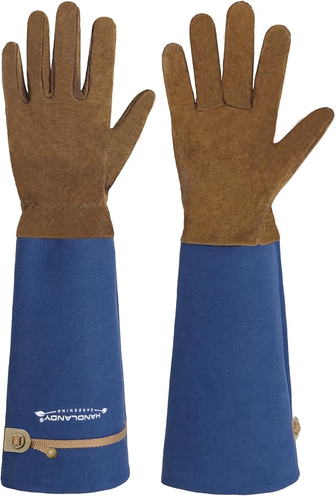 HANDLANDY Long Gardening Gloves for Men & Women, Pigskin Leather Rose Pruning Gloves, Breathable Thorn Proof Gauntlet Glove (Blue, M)