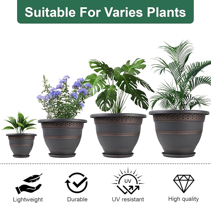 Usocik 4 Pack 16 Inch Large Plant Pots, Plastic Flower Pot for Indoor & Outdoor with Drainage Holes & Saucer, Plaid Pattern Planters Garden Pots for Herbs