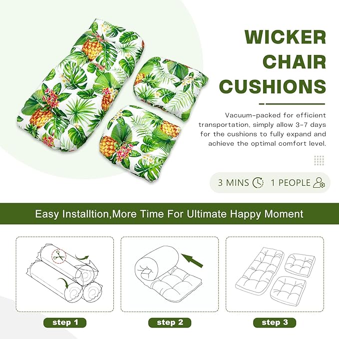 Wicker Chair Cushions Set, 2 U-Shaped Cushions & 1 Loveseat, Waterproof Outdoor Loveseat Cushion for Patio Furniture, Settee Bench Pad All Weather,Pineapple