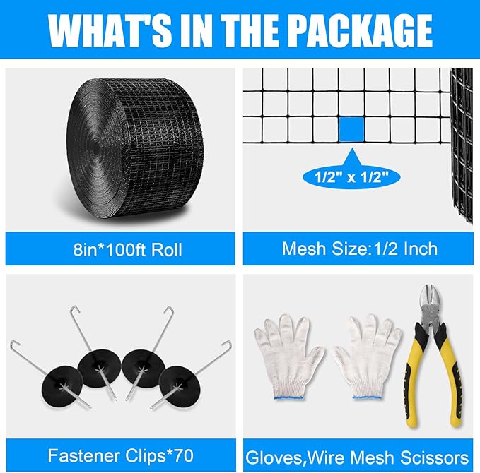 8in X 100ft Solar Panel Bird Guard - 1/2" Black PVC Mesh Galvanized Rust-Resistant Net, Critter Guard for Solar Panels with 70 Fastener Clips, Gloves, Cutting Pliers