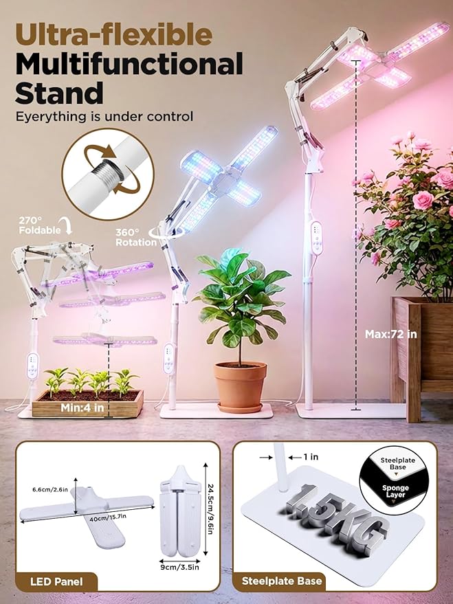 240 LEDs Grow Lights for Indoor Plants with Timer 6/12/16H, Full Spectrum Plant Lights for Indoor Growing 10 Dimmable Level, 24-72" Height Adjustable Tabletop Grow Light Floor Lamp with Remote Control
