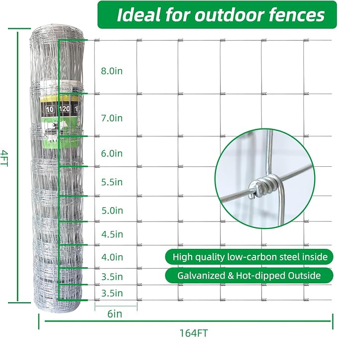 Livestock Fence, 4ft X 164ft Galvanized Wire Field Wire Fencing, Cattle Fence, Deer Fence, Heavy Zinc Coating Farm Fence Used to Hog Goat Fencing for Yard and Field Hog Horse