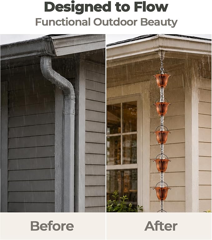 Copper Rain Chain for Gutters, 12 Cup Tulip Decorative Water Feature, 8FT 8IN Adjustable Metal Chain Rain Diverter for Outdoor Garden Décor with Crystal Accent
