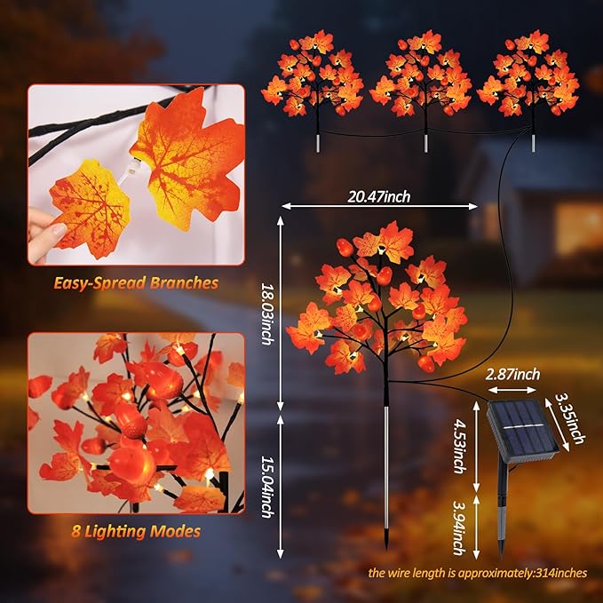 Fall Decorations Outdoor, 4-Pack 80LED Maple Leaf Acorn Yard Stake Lights, Waterproof Solar Fall Lights Thansgiving Decorations Outdoor for Yard, Garden, Pathway Harvest Holiday Fall Decor