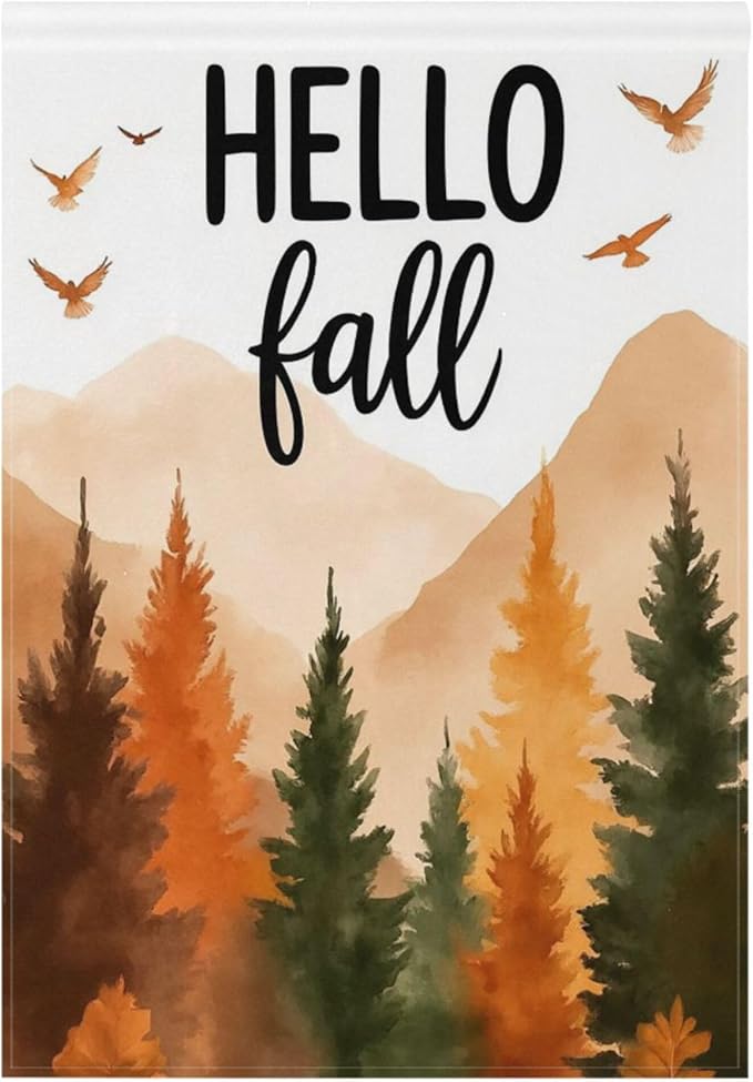Hello Fall Forest Tree House Flag 28x40 Inch Double Sided Outside Birds Autumn Seasonal Yard Outdoor Flag Banner for Garden Lawn Patio Holiday Decorations