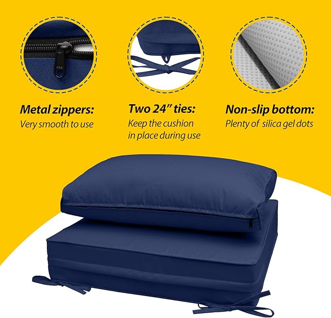 AAAAAcessories Outdoor Seat Cushions for Chairs, Fade-Resistant, Waterproof Patio Furniture Replacement Cushions, 23" x 23" x 5" + 23" x 13.5", Navy Blue