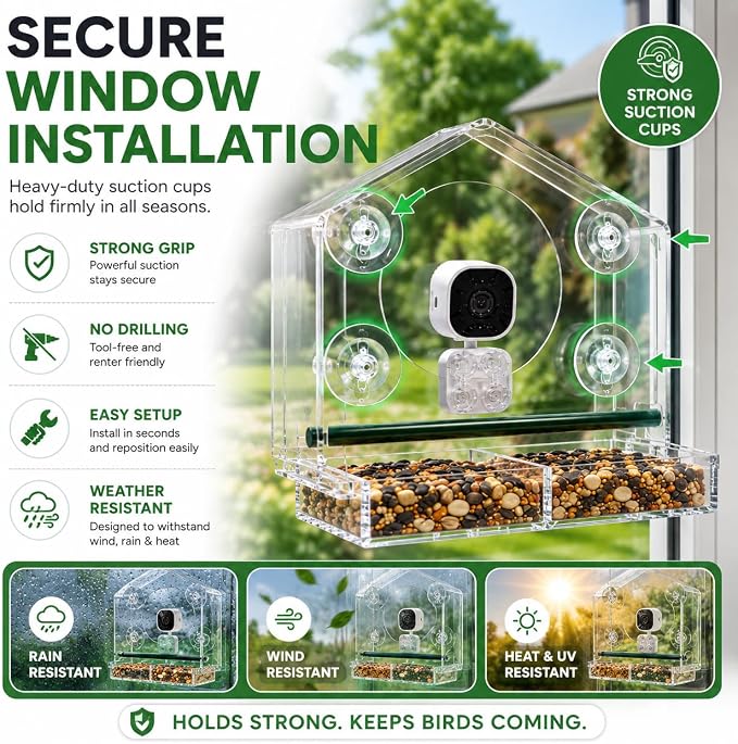 VicoHome X22 Bird Feeder Camera with Smart Window - Clear Acrylic, Outdoor Birdhouse Cam, Full-Color Night Vision, AI Bird Recognition, Motion Alerts, App Control, IP65 Waterproof