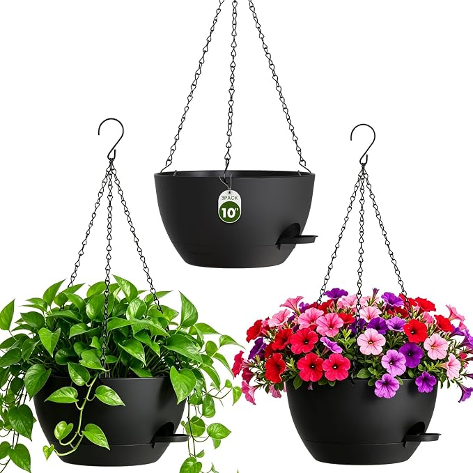10 Inch Self Watering Hanging Planters, 3 Pack Plastic Plant Pots | Sturdy lightweight pot with side watering lip, drainage holes, snap-on detachable tray & hanging chain for easy care