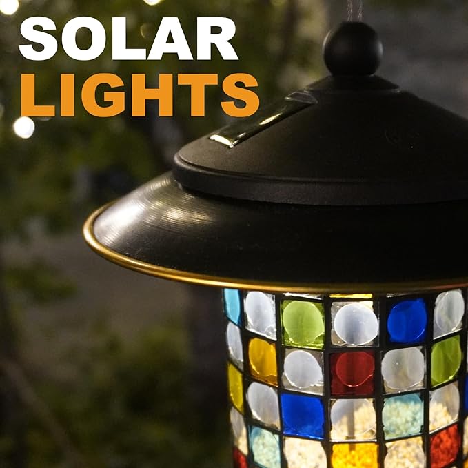 Solar Bird Feeder for Outdoors Hanging - Mosaic Glass Bird Feeder for Cardinals and Finches, Garden Décor Gift for Nature Lovers (1.5 lbs Capacity, Vita/Square)