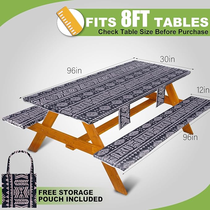 Picnic Table Cover with Bench Covers Vinyl Elastic Edges Fitted Rectangle Seat Tables Waterproof 3-Piece96X30in Set Outdoor Rectangular Folding Backing Tablecloth for Camping Over Size