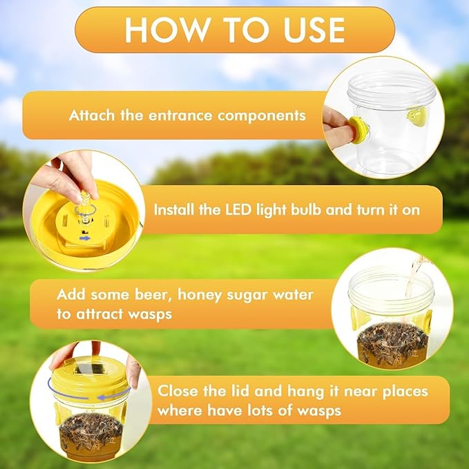 Wasp Traps Outdoor Hanging, Solar Bees, Hornets, Yellow Jacket Traps, Wasp Trap Catcher, Reusable Solar Powered Hanging for Outdoor, 4 Packs