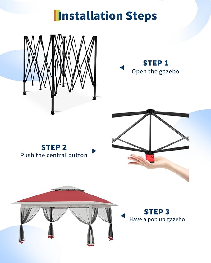 GarveeLife Canopy Tent 13x13 ft, Pop Up Gazebo One-Push Setup with 4 SandBags for Backyard Parties and BBQs, Mosquito Netting & Height Adjustable - Red