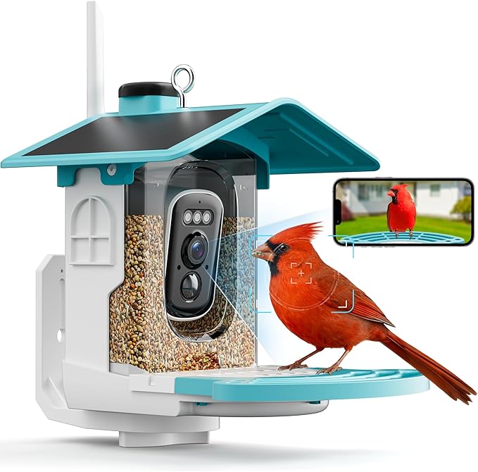 Smart Bird Feeder with Camera Solar Powered - AI Bird Identification, 2K HD Video Live Stream Camera, 3MP Photos, 2.9in Focus, Gifts for Mom Dad Birdlovers, Blue