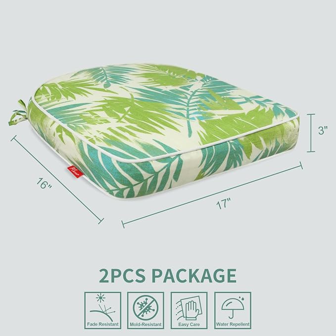 Outdoor Chair Cushions Set of 2, 17x16 Inch U-Shape Patio Seat Cushions with Ties, Water & Fade Resistant High Density Foam Cushions for Garden Patio Chairs, Green Leaf