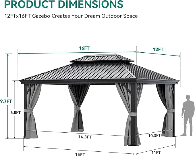 YITAHOME 12x16ft Hardtop Gazebo with Nettings and Curtains, Heavy Duty Double Roof Galvanized Steel Outdoor Combined of Vertical Stripes Roof for Patio, Backyard, Deck, Lawns, Gray