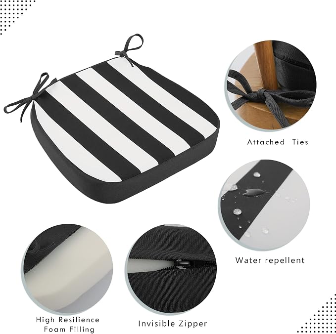 idee-home Outdoor Chair Cushions Set of 4, 17" x 17" x 3" Thick D-Shaped Patio Furniture Outdoor Seat Cushions Waterproof with Ties, Dining Pads