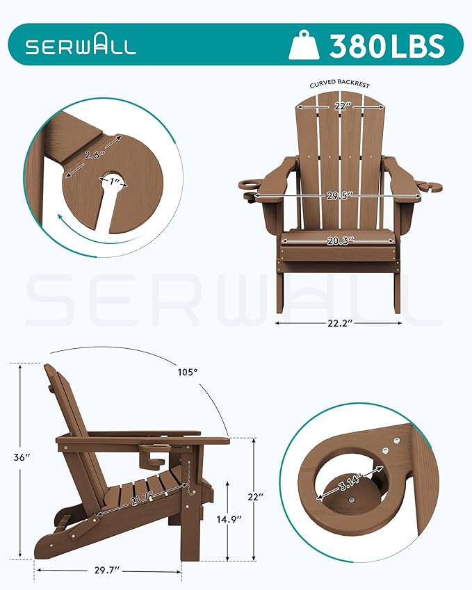 SERWALL Folding Adirondack Chair with Dual Cup Holder,1 Pack-Classic,Brown