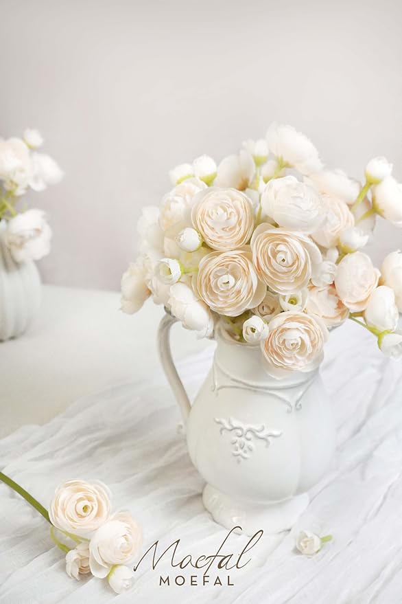 Ranunculus Artificial Flowers 18pcs, Faux Silk Mini Ranunculus Bulk Fake Wedding Filler Flowers for DIY Bouquets Centerpieces Bridal Shower Decorations Arrangements, Cream