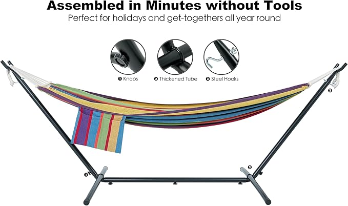 GAFETE Double Hammock with Stand for Outside, Upgraded Spreader Bar, Heavy Duty Space Saving Steel Stand 2 Person, Side Pockets, Easy Assembly, 600lbs Weight Capacity, Indoor & Outdoor (Classic Red)