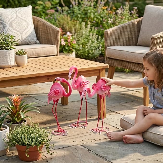 3Pcs Pink Flamingo Yard Decor 15" Metal Yard Art Outdoor Sculptures | Garden Statue Set of 3 Flamingo Birds Lawn Ornarment Tropical Décor for Outside Home Patio Porch Backyard Decorations