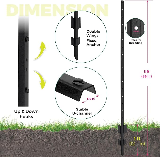 Fence Posts 3 Feet, Heavy Duty Metal Fence Post with U-Channel, Steel Fence U Post for Wire Fencing Steel Post for Yard, Outdoor Wire (Black - Set 15)
