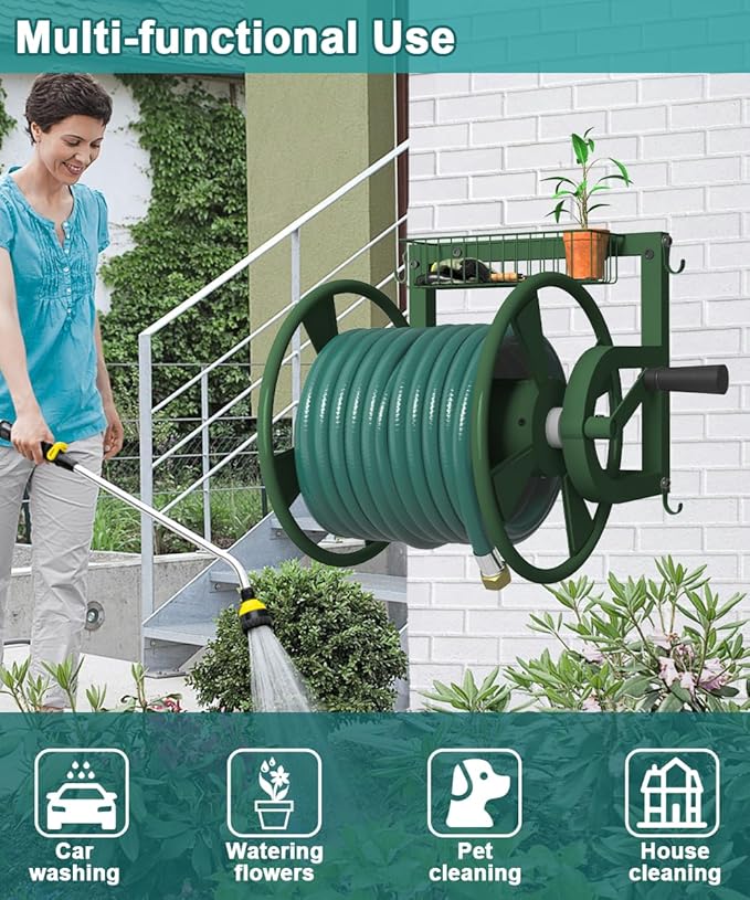 Artigarden Outdoor Wall Mounted Hose Reel with Hook, Garden Heavy-Duty Water Holder Winder with 3.9 ft Leader Hose, Brass Fitting and Storage Basket for Yard, Holds 125 Ft of 5/8-Inch Hoses, Green