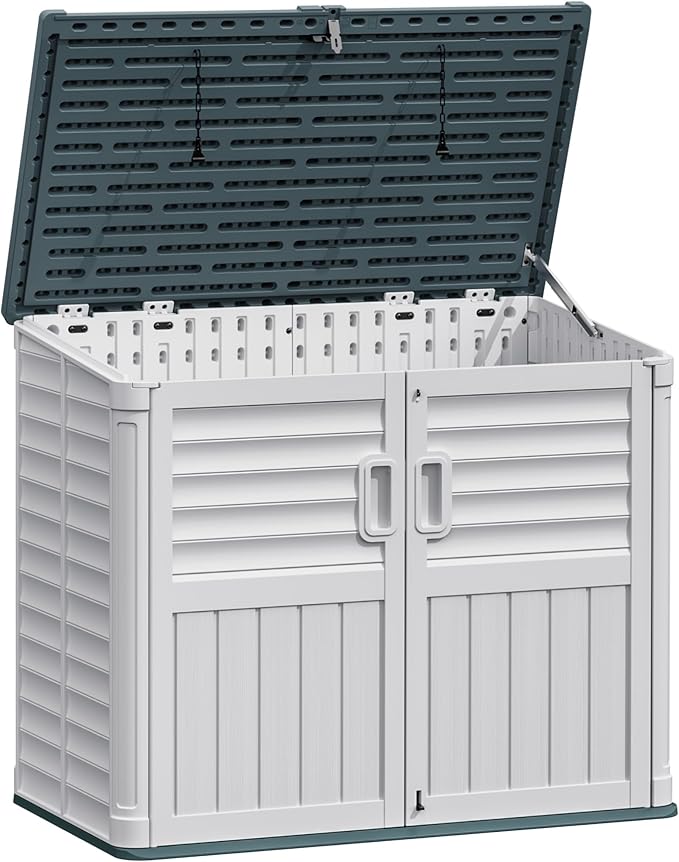 JUMMICO Resin Outdoor Storage Shed, 34 Cu Ft Horizontal Storage Cabinet with Shelves for Trash Cans, Garden Tools, Pool Supplies (Beige)