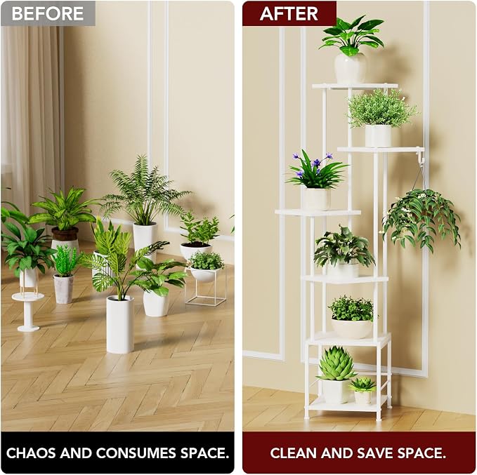 Homsorout Plant Stand Indoor with Grow Light - 6-Tier Metal Plant Shelf with Hanging Basket Hook, Corner Tall Flower Holder for Multiple Plants, Living Room Balcony Garden Patio, White
