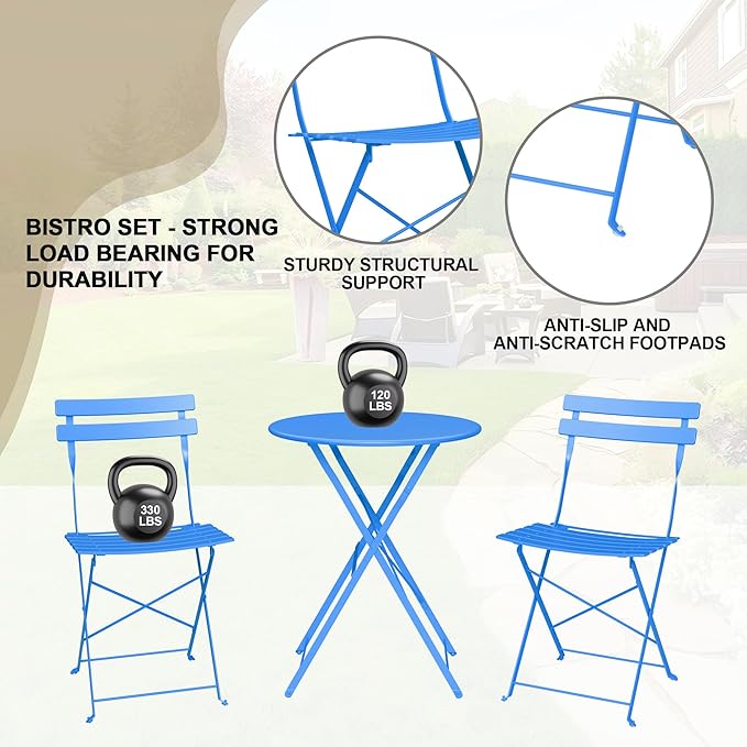 Bistro Table and Chairs Set of 2, 3 Piece Outdoor/Indoor Folding Patio Bistro Sets, 2 Chair Patio Furniture Set with Table, Premium Frame Foldable Coffee Tables for Balcony, Yard, Garden, Blue