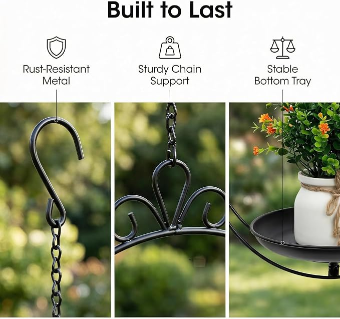 Heavy Duty Metal Hanging Planters for Indoor Plants - Black Plant Hanger with Sturdy Tray & Chains, Modern Boho Wall/Ceiling/Window Mounted Plant Basket (2/S, one Chain Flower Decor)