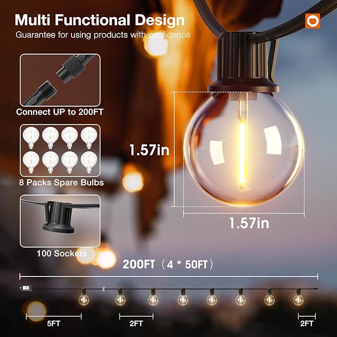 addlon 200FT Outdoor String Lights G40 with Remote Control Dimmable Patio Globe LED 108 Bulbs Waterproof Shatterproof, Hanging Outside Lighting for Backyard Garden, Deck, Balcony, Porch, Café, Bristo