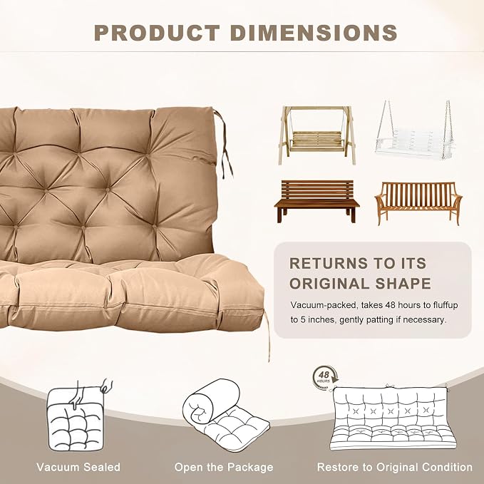 Porch Swing Cushion with Backrest, Waterproof Bench Cushion for Outdoor Furniture, 2-3 Seater Replacement Thickened Swing Cushion with Ties, Patio Outdoor Backyard and Garden (Khaki,40x40in)