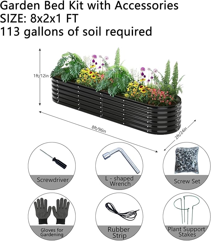 ZFHgarden Garden Box Raised Flower Bed Galvanized Metal Planter Round Raised Garden Bed Kit for Gardening Outdoor 1PC Black 8X2X1FT