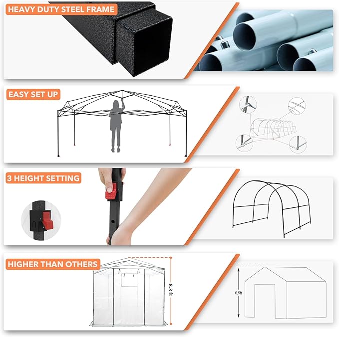 EAGLE PEAK 12x8 Portable Walk in Greenhouse, Pop Up Indoor Outdoor Greenhouse, Green House Kit with Zippered Roll-Up Doors, Windows + Support Pole, Woven Cover, Translucent