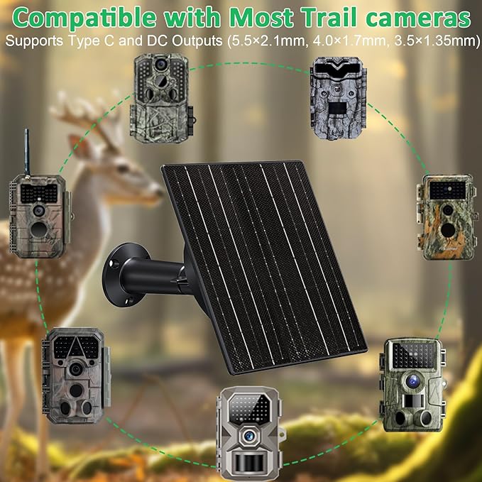 FUTUREZEN Solar Panel for Trail Camera, 10W Solar Battery Charger with 10400mAh Battery, 5V/12V Adjustable Output, USB-C & DC Plugs, IP66 Waterproof, 360° Adjustable Mount, 9.8ft Cable
