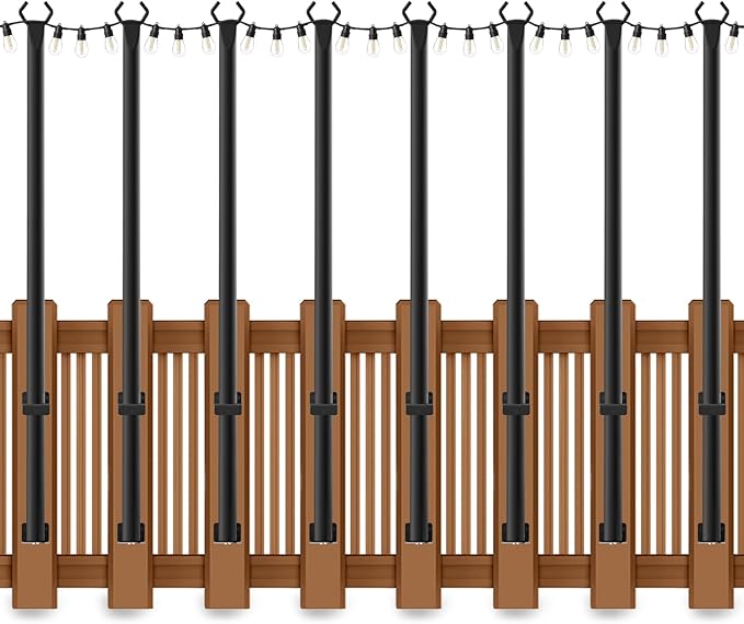 AHRLHR 8 Pack String Light Poles for Deck,5 Ft String Light Poles for Outside with Fixing Clips,Metal Poles for Outdoor String Lights, Hanging Light Poles for Fence Garden Backyard Wall Bistro