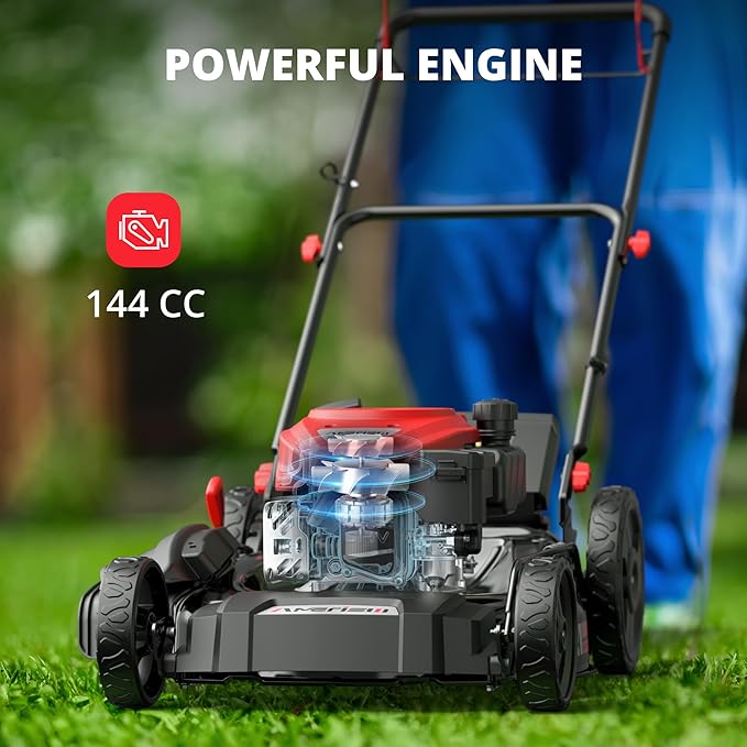 AMERISUN 21" Gas Lawn Mower, 144cc Engine, 2-in-1 Mulching & Side Discharge, 6-Position Height Adjustment, Foldable Handles for Lawn, Yard, and Garden Maintenance