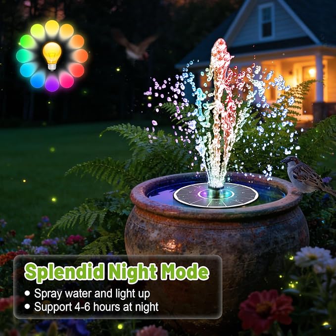 Solar Fountain with 3 Spray Height, Colorful Led Lights, 3.5W Glass Solar Bird Bath Water Fountain with 2000mAh Battery, 4 Rotating Rods and 7 Nozzles for Hummingbird Bathing, Outdoor Décor