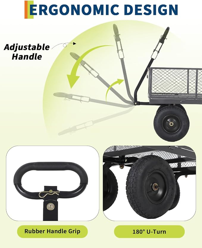 Garvee Versatile Outdoor Utility Cart-1000LBS Heavy-Duty, 13" All-Terrain Pneumatic Tires, Vehicle-Connectable, Easy Maneuverable Lawn Cart with Removable Mesh Panels for Gardening & Landscaping,Grey