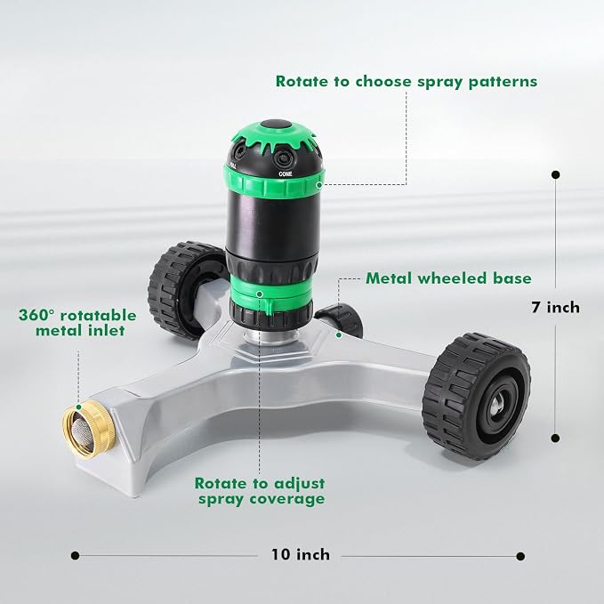RESTMO Gear Drive Sprinkler with Wheeled Base, 5-Pattern Multi-Adjustable Lawn Sprinklers for Yard, Heavy Duty Watering System for Garden Plant, Flower Bed and Large Area Watering